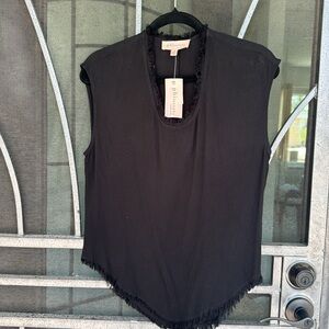 Philosophy Republic clothing black top with fringes on neck line and on bottom
